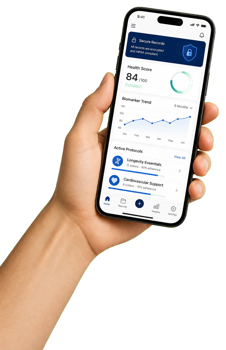 Hand holding phone with premium YCR app dashboard and full wrist visible
