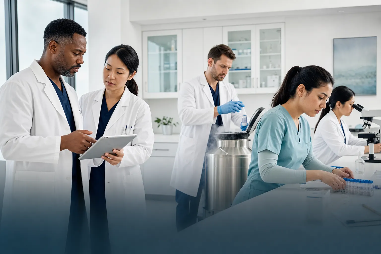 Diverse regenerative medicine clinical team collaborating in a modern clinic