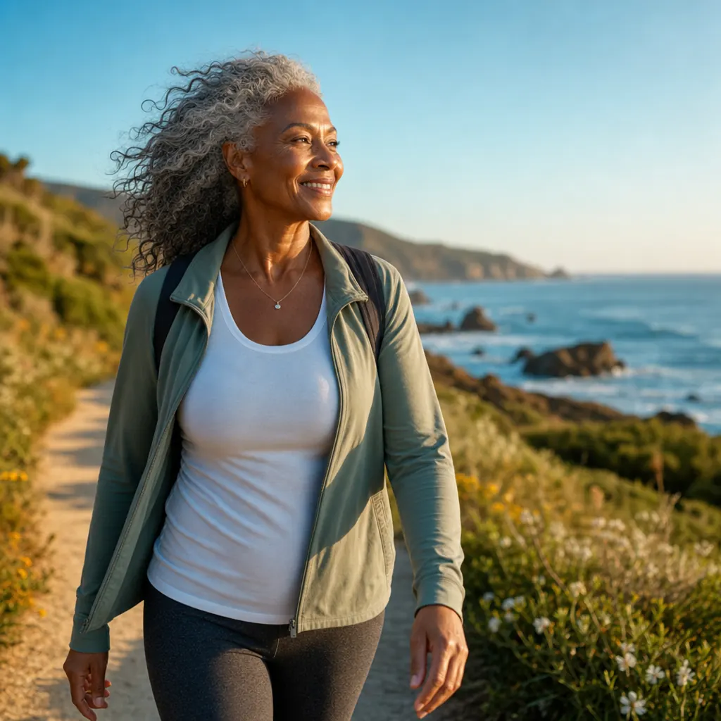 Active older Black woman hiking a coastal trail