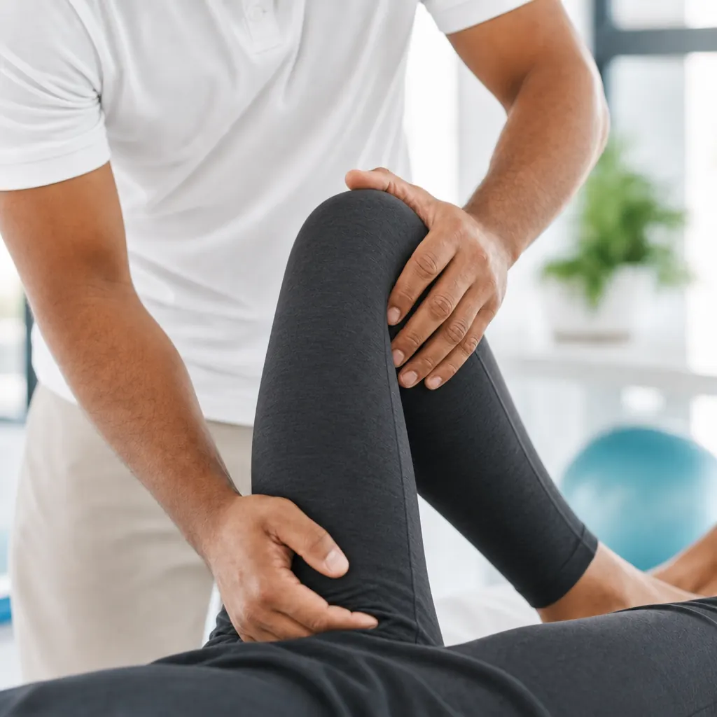 Clinician assessing a patient's knee during joint recovery rehab